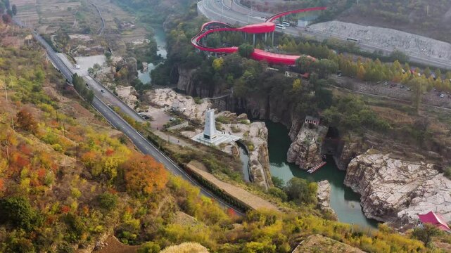 Red Cliffside Walkway Over Canyon in Linzhou, Henan, China