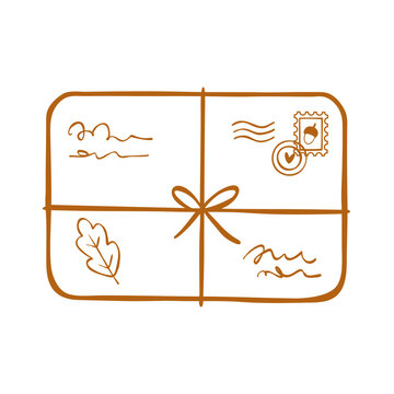 Hand-drawn line art illustration of a small parcel or envelope with autumn symbols. Vector clip art for mail sticker, postal design, or stationery projects. Template for postcrossing club.