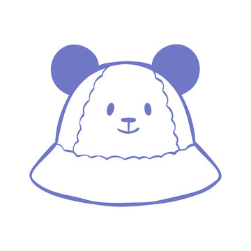 Hand-drawn line illustration of winter bucket hat with kawaii panda emoji face and ears. Clip art for logo, advert, or seasonal designs. Outline drawing of fashion accessory.