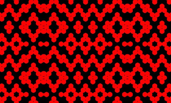 Seamless dot matrix pattern featuring geometric diamond and zigzag chains formed by bright red circular dots on a black background.