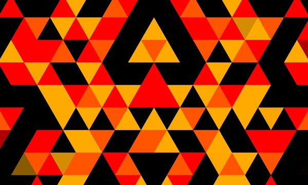 Seamless low poly geometric pattern featuring interlocking triangular grid structures in vibrant red, orange, and yellow on black.