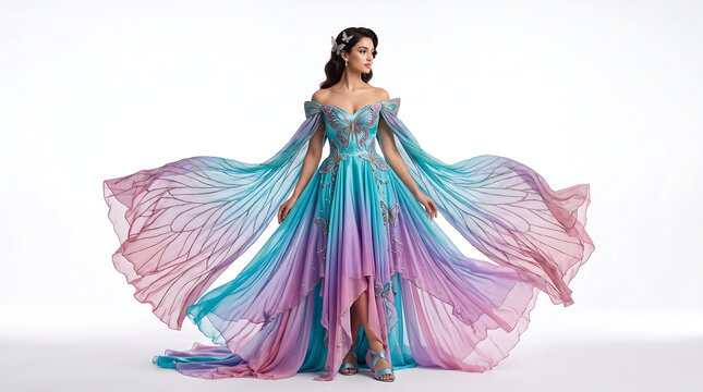 Ethereal butterfly gown on elegant woman, fantasy couture dress with iridescent wings, magical gradient evening wear for gala or cosplay