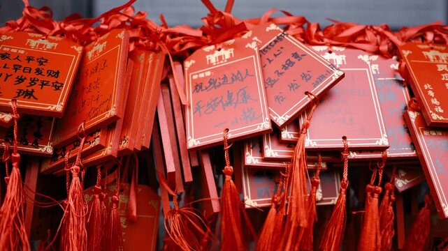Red Wooden Wishing Tags with Handwritten Chinese Prayers and Tassels at a Temple