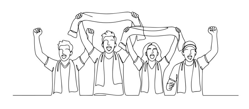 Cheering sports fans holding scarves line art continuous vector.