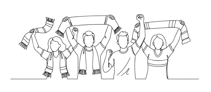 Cheering sports fans holding scarves continuous line art vector illustration