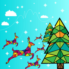 Geometric Christmas Tree and Reindeer Winter Wonderland Illustration, Colorful Stained Glass Holiday Design with Snowflakes © MDMONTAJUL