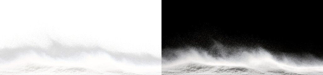 Snowdrift with blowing snow powder overlay on transparent and black background. Winter blizzard and flying ice crystals effect © Russell Edwards 
