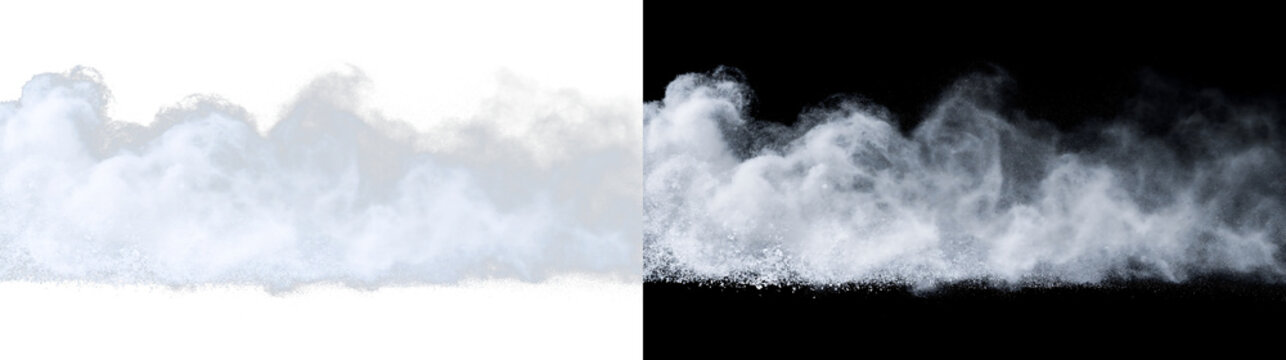 White powder explosion and blowing snow dust cloud. Realistic VFX overlay isolated on transparent and black background. Atmospheric fog and smoke effect