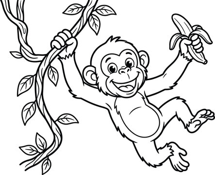Cute happy monkey swinging on jungle vine holding banana black and white coloring page vector