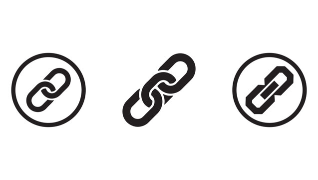 Chain link connection icon set featuring interlocked hyperlink, continuous metal chain, and geometric link button in black vector style for web interface design.
