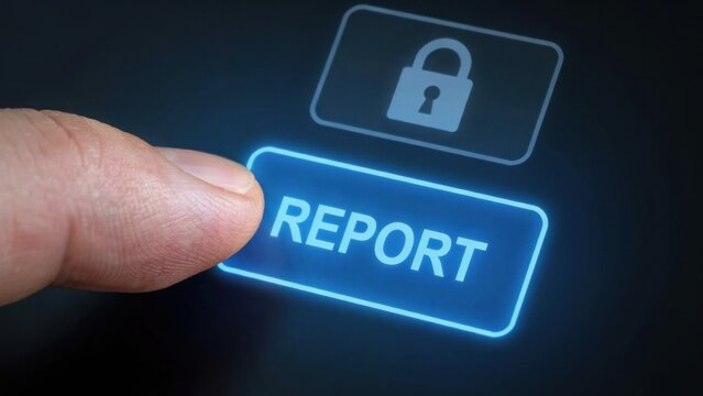 Finger Pressing Glowing Digital Report Button with Security Lock Icon