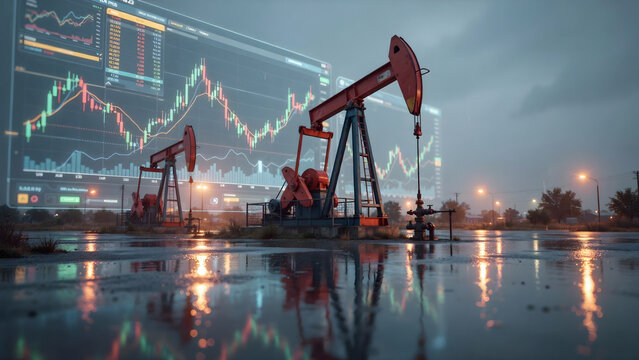 Industrial oil pump jacks working in a rainy night setting with a large digital screen showing fluctuating financial stock market data graphs