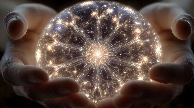 Hands Holding Glowing Universe Fractal Cosmos for Fantasy Art