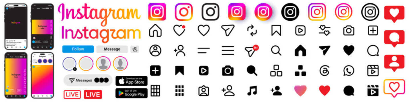 Instagram latest icon set. Instagram mockup collection, live video streaming frame, apps store, follow & message button, wordmark & logotype vector design.