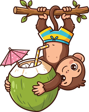 Cute baby monkey cartoon character hanging upside down from branch holding a fresh tropical coconut drink