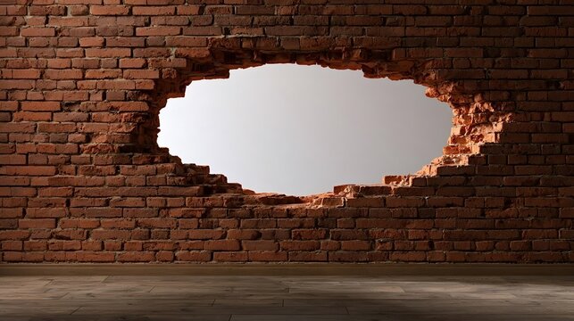 Destroyed brick wall with a large hole providing an opening for new possibilities and progress, symbolizing freedom, change, innovation, and overcoming obstacles
