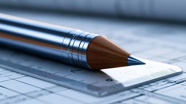 Pencil and ruler laying on an architectural blueprint, symbolizing detailed planning, engineering precision, and the intricate design process for new projects
