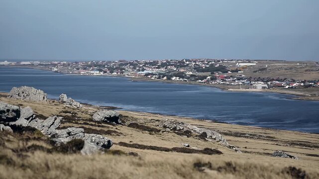 Wide Shot Of Port Stanley (Puerto Argentino) Coastal Town In Falkland (Malvinas) Islands - 4K