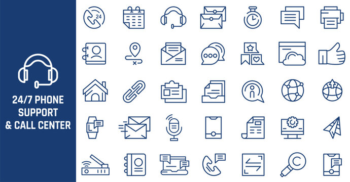 Comprehensive collection of thin line vector icons representing customer service communication and modern business office tools