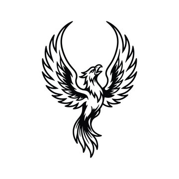 Stylized black and white phoenix bird with outstretched wings.