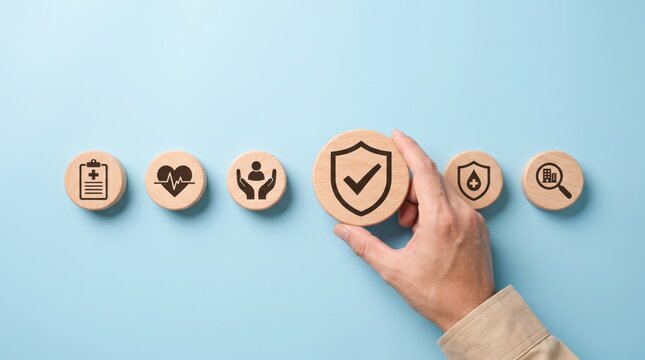 Insurance coverage and family healthcare protection concept with wooden blocks on blue background