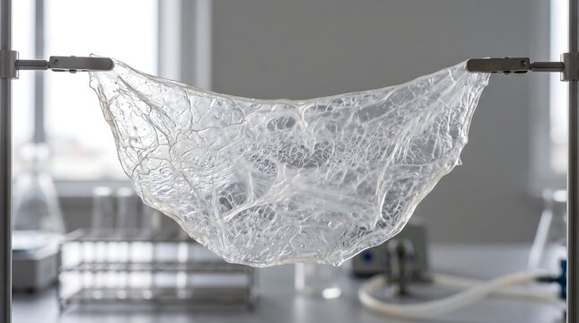 Transparent biomaterial membrane stretched between laboratory clamps in a research facility.