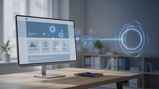 Computer screen displaying data visualization with glowing blue network and abstract sphere