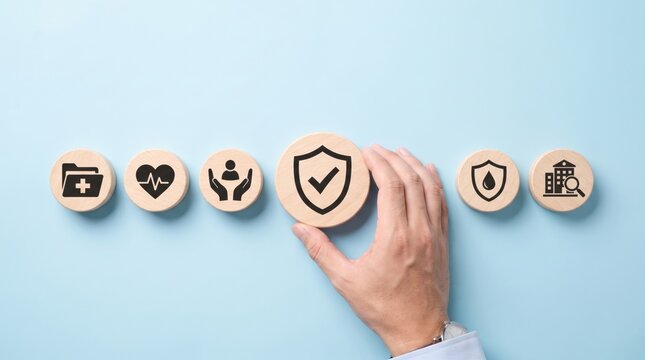 Comprehensive insurance policy and healthcare protection concept with wooden blocks on blue background