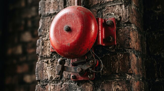 Vintage red fire bell mounted on an old dark brick wall in a rustic industrial building interior