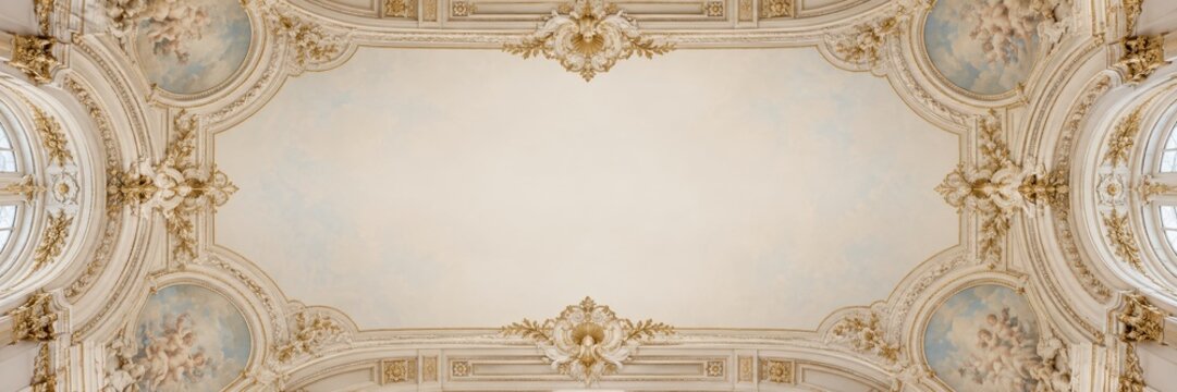 ornate classical ceiling with intricate gold moldings and painted frescoes. luxurious baroque architectural detail. historical art background. banner, website header, presentation with copyspace.