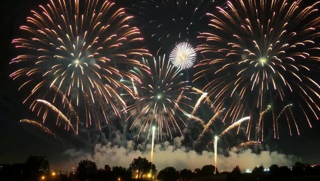Spectacular 4K vertical orientation video designed for social media reels capturing a vibrant fireworks show exploding into colorful sparks and shimmering smoke patterns across a dark night sky