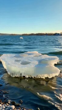 Natural 4K coastal video showing large sea ice slabs bobbing on cold ocean waves along the Baltic Coast in spring capturing seasonal thaw along the Gulf of Riga in Latvia for climate studies