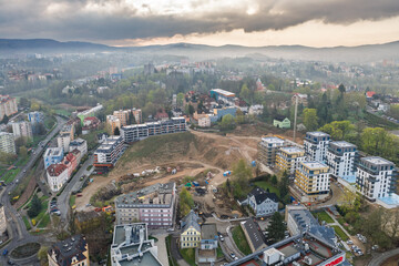 Fototapeta premium Aerial view of new residential development and construction site in Liberec, Czech Republic