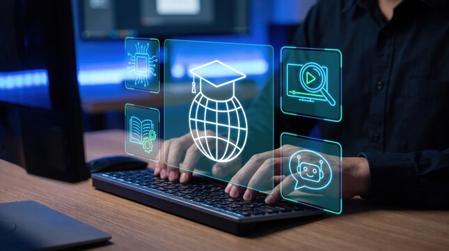 Person Typing on Keyboard with Futuristic Online Learning and Global AI Education Icons