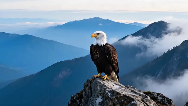 Majestic Bald Eagle Perched on Rocky Mountain Peak Above Clouds looking Around