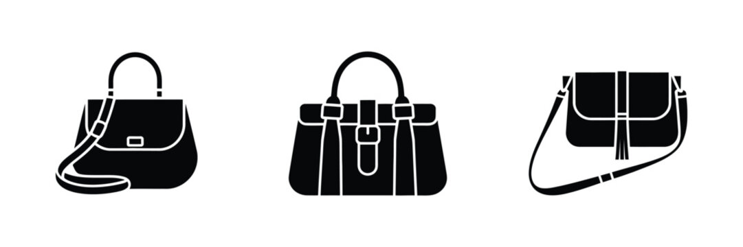 Women's handbag icons set, fashionable purse, shoulder bag, handbag symbols, fashion accessories, retail, shopping, modern glyph vector design