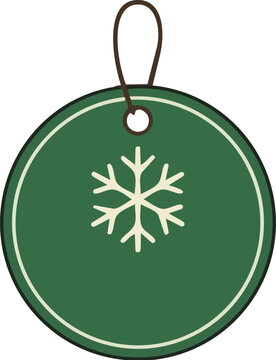 Round green Christmas tag with white snowflake