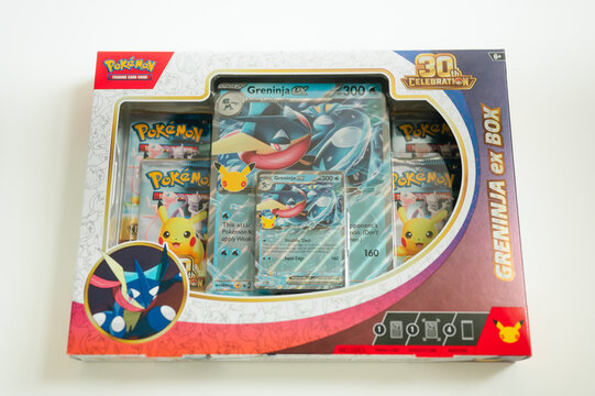 Chicago, IL/USA - September 16, 2026: A Pok&eacute;mon Trading Card Game Greninja ex Collection box features Greninja promo cards and booster packs in special 30th anniversary packaging