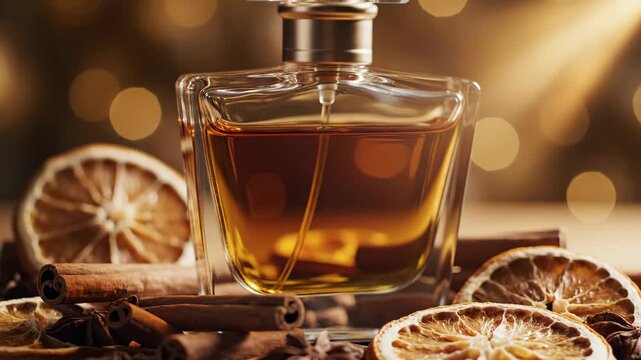 Luxury glass perfume bottle on table with cinnamon and dried oranges. Aromatic fragrance flask with warm ambient lighting. Organic cosmetics and perfumery concept