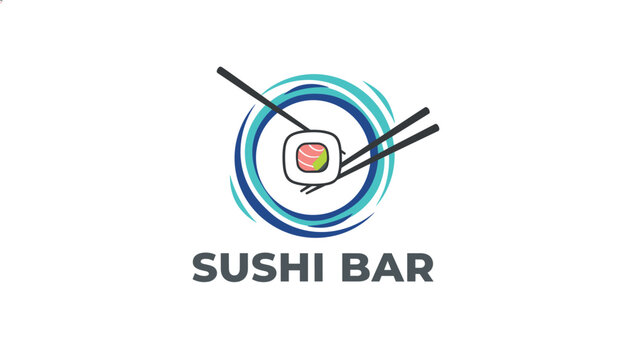 Sushi bar logo design featuring a sushi roll and chopsticks within a circular blue wave motif to represent fresh japanese seafood dining.