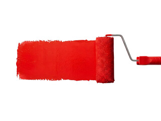 Obraz premium A paint roller applying a thick stroke of bright red paint isolated on transparent background
