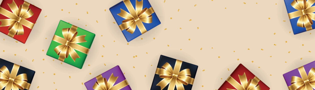 Luxury gift box border with golden bows and confetti on elegant beige background. Festive celebration frame with copy space