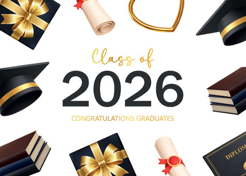Class of 2026 graduation greeting card with diploma, graduation cap, books and elegant academic celebration frame