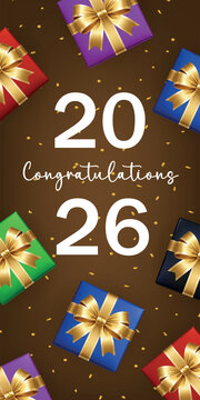 Congratulations 2026 celebration banner with colorful gift boxes and golden confetti on elegant brown background