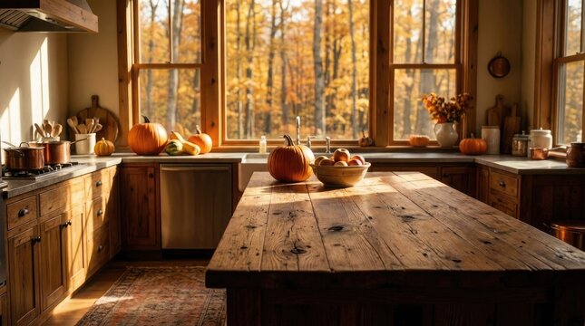Warm kitchen interior with a large central island and view through a window