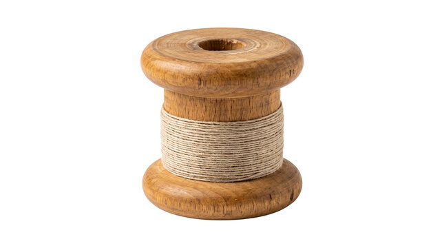Vintage turned wooden spool with warm natural grain and tightly wound neutral linen thread, showcasing traditional craftsmanship and tactile material detail. Isolated on White background.