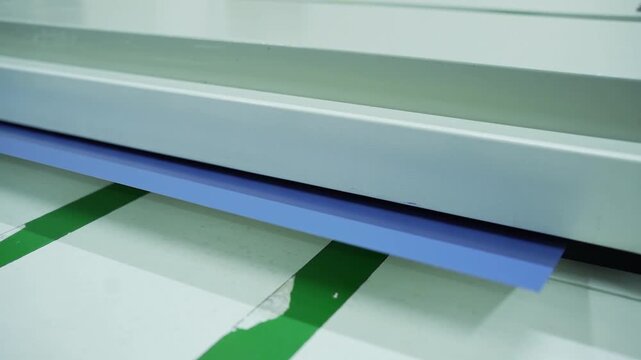 A large blue paper sheet is loaded into an industrial guillotine cutting machine,