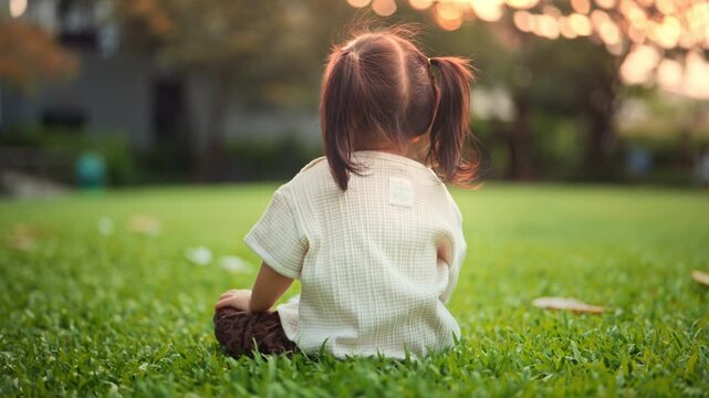 Young child sitting on green grass in park, peaceful outdoor childhood moment in nature at sunset