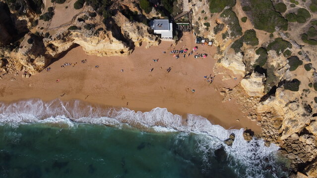 Top down aerial view of Praia da Coelha beach in Algarve Portugal