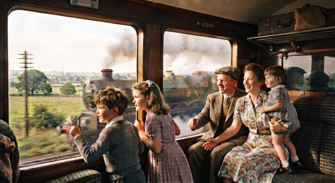Happy family looking out the window of a vintage steam train compartment as another locomotive passes by.